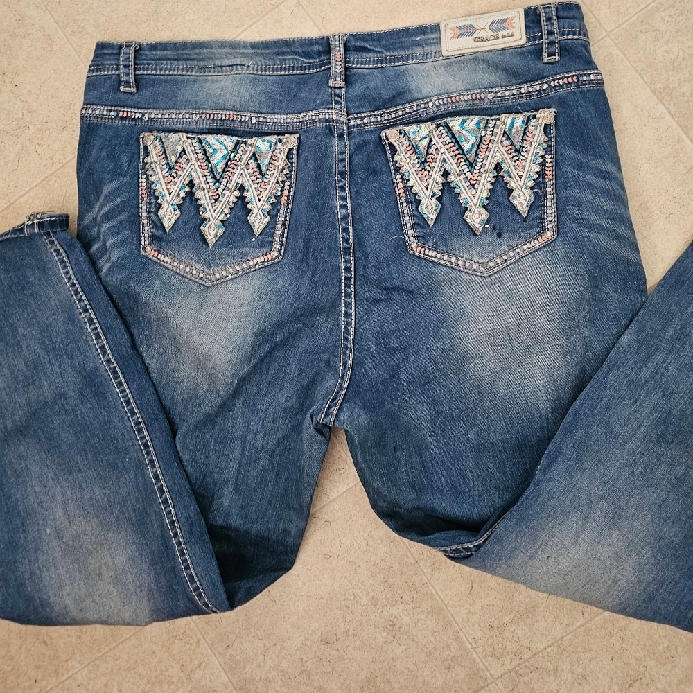 Grace in LA Plus Size 19 "P Straight" Jeans Embellished Pockets Blue Denim 28" L